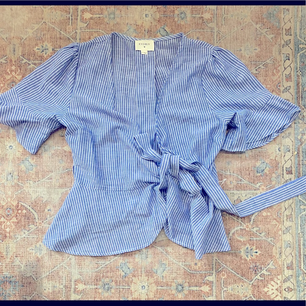 Everly pinstripe top, tied with ruffles